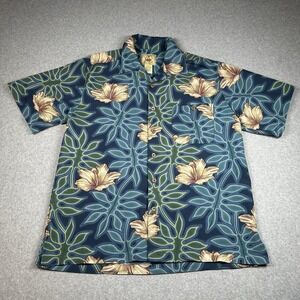 Vintage Joe Marlin Hawaiian Aloha Shirt Large Blue‎ Hibiscus Floral Rayon Blend